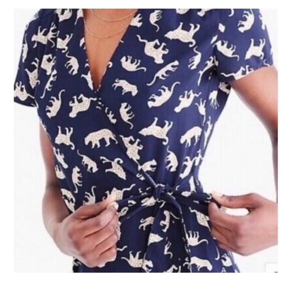 J. Crew Print Wrap Mini Dress Navy Blue Leopard Cheetah Cat Animal Print sz 00 - Picture 2 of 15